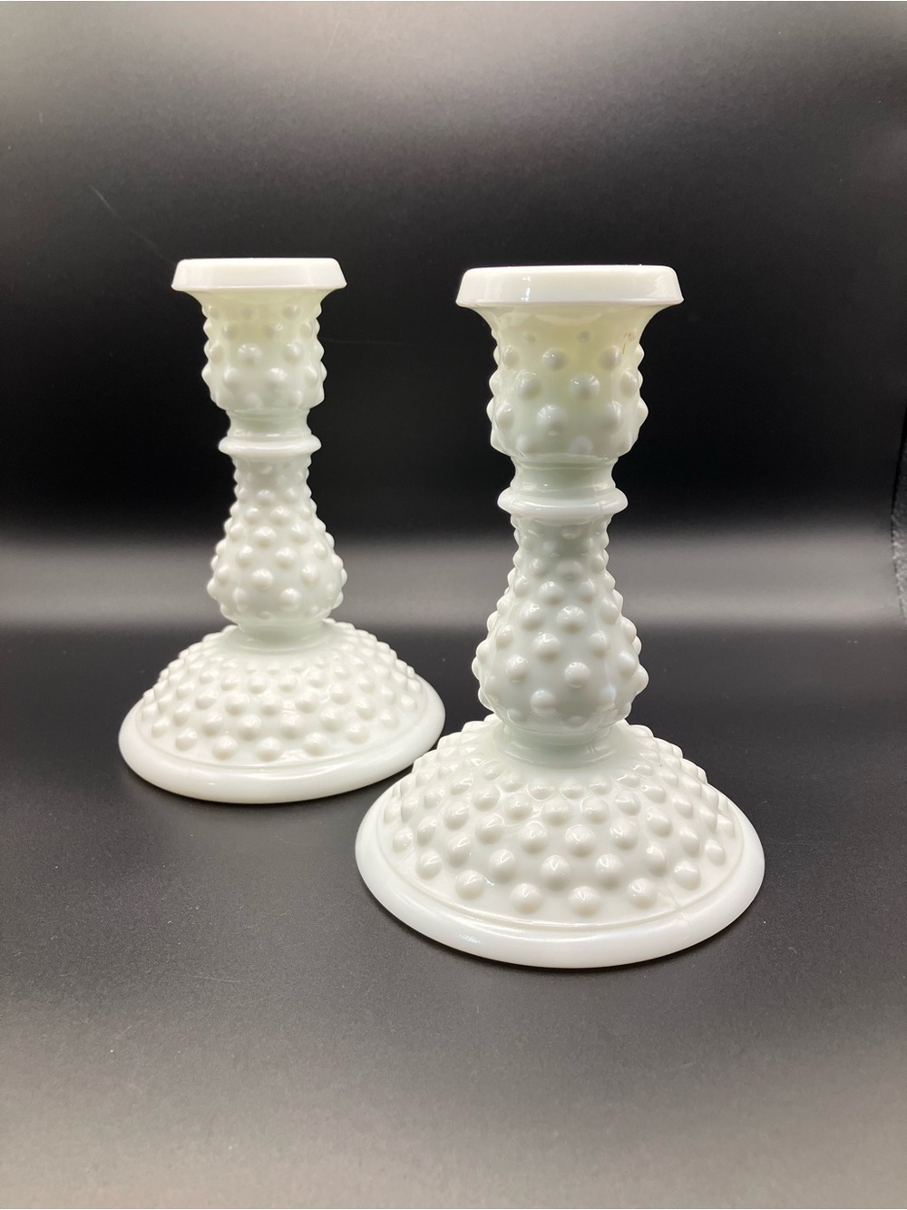 Vintage Fenton Hobnail Milk Glass Candlestick Pair - White